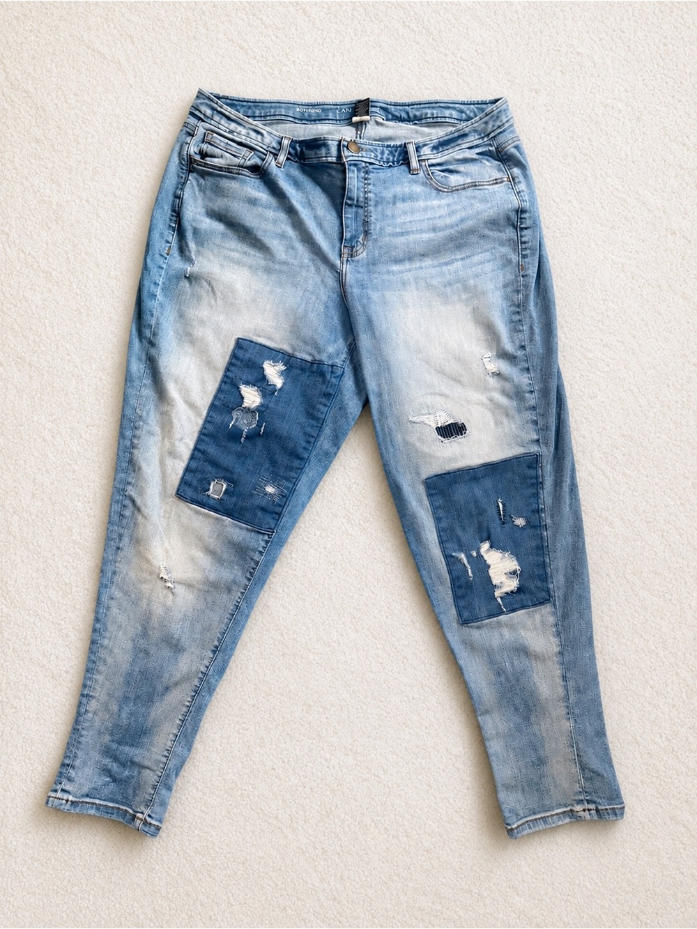 Lane Bryant Light Blue Distressed Boyfriend Jeans Dark Patch Accents Size 20